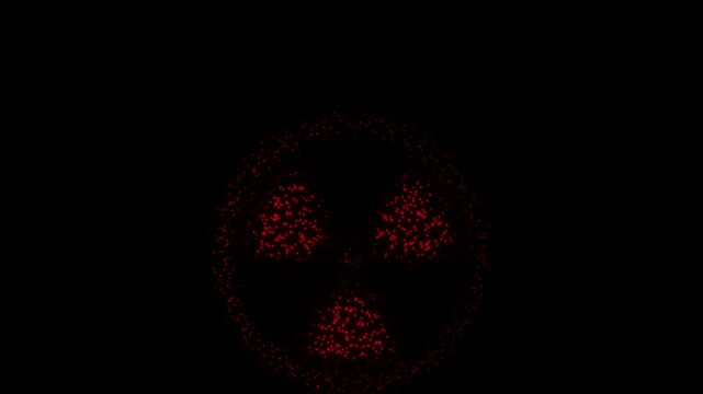 Red Radiation Hazard Sign Particle Animation on Dark Background, Glowing Dot Grid Firework Burst Animation Motion Graphics Seamless Loop, 4K