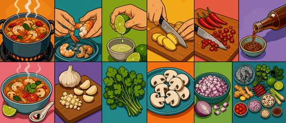 Naklejka premium Illustrating the preparation of a delicious Thai Tom Yum Goong soup with fresh ingredients