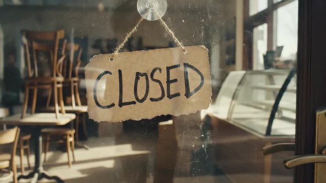 A "CLOSED" sign made of rough paper hangs from a window on a sunny day