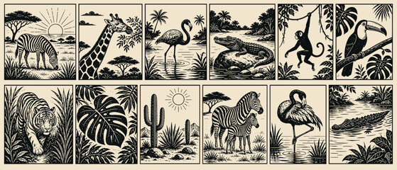 Obraz premium Vintage wildlife illustrations of African and jungle animals in natural habitats