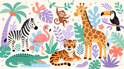 Obraz premium Cute cartoon jungle animals and tropical plants in a vibrant, playful illustration
