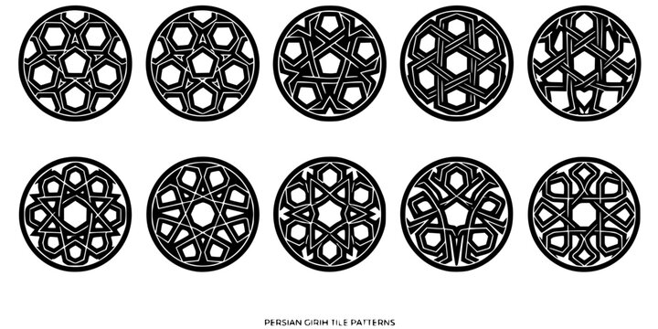 Persian Girih Tile Geometric Black White-Pentagon Decagon Interlocking Line-Persian Art Vector-Girih Icon Geometric-Islamic Pattern Design Set