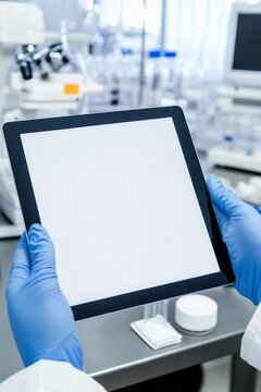 Person holding a tablet in a laboratory while preparing for an experiment or analysis in a clean room setting