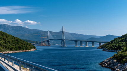 Obraz premium Panorama view of pelješac bridge in Croatia, architectural marvel, structural engineering, bridge construction, European infrastructure, with copy space