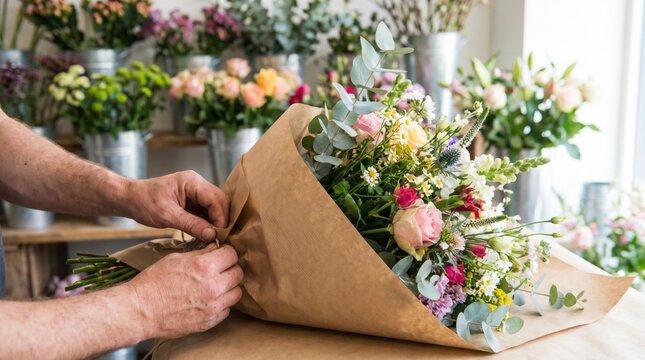 Florist hands tying rough twine to secure a beautiful fresh flower bouquet wrapped in simple brown kraft paper