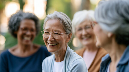 Fototapeta premium Faceless senior friends laughing and bonding outdoors in garden, Barcelona scenic location, friendship connection, mature companionship, outdoor leisure, joyful gathering, with