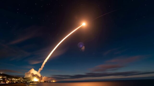night launch captured as a long-exposure light trail, bright orange rocket trajectory forming a high curved arc across the sky, launch point near the horizon glowing intensely with