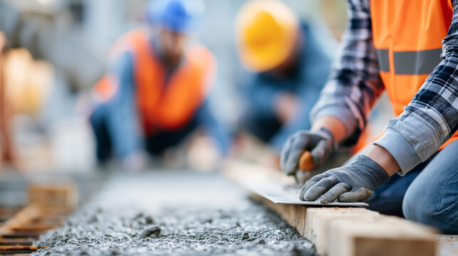 Faceless workers pouring and leveling concrete wearing safety gear, concrete work, construction process, safety equipment, structural installation, with copy space