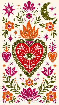 Sacred Heart illustration with celestial and floral motifs in vibrant folk art style