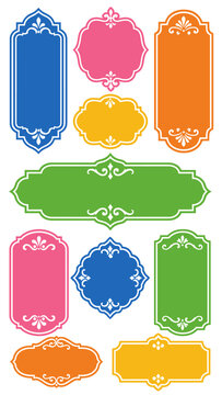 Collection of colorful decorative frames and labels with ornate flourishes