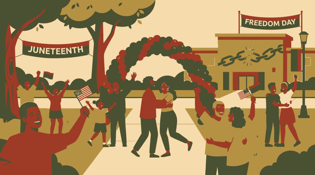 Juneteenth Celebration Illustration with African American Couple Hugging and People Cheering