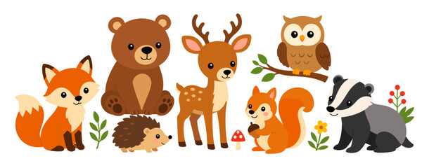 Obraz premium Cute cartoon forest animals collection with fox, bear, deer, owl, squirrel, badger, and hedgehog