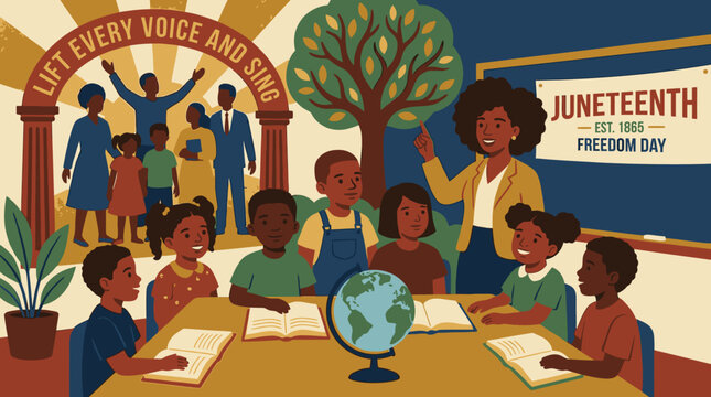 Teacher educates diverse students about Juneteenth Freedom Day in a classroom setting.