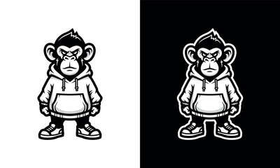 Fototapeta premium Gorilla wearing a hoodie vector illustration with black and white variations