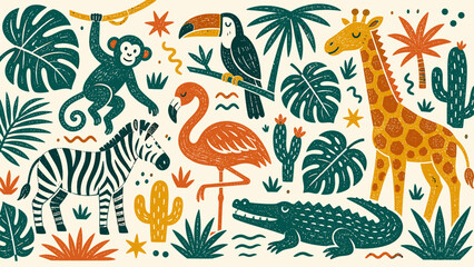 Obraz premium Whimsical jungle animals and tropical plants in a playful, textured illustration style