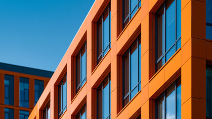 Obraz premium Vibrant orange geometric facade of unique modern building exterior, contemporary architecture, color design, modern aesthetics, building exterior, with copy space