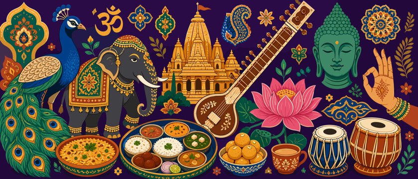 Vibrant Indian cultural elements collage with elephant, peacock, and food