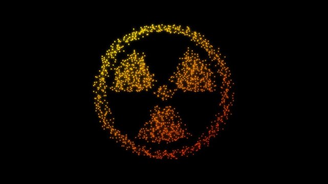 Red Radiation Hazard Sign Particle Animation on Dark Background, Glowing Low Poly Network Lines and Dots Animation Motion Graphics Seamless Loop, 4K