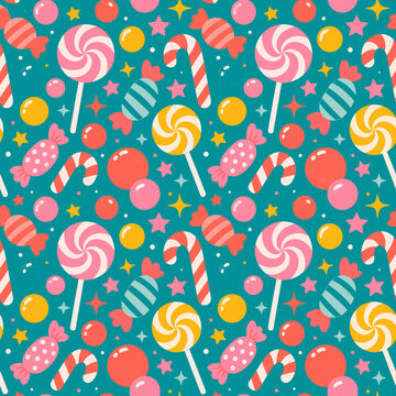 Whimsical candy pattern with lollipops, candy canes, and stars on teal background