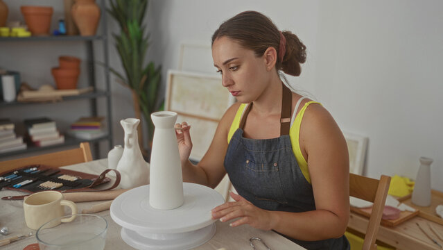 Woman paints ceramic vase with small brush on a rotating turntable in studio; quiet concentration and craft.