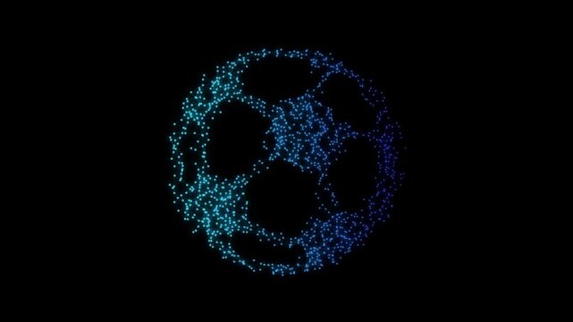 Blue Soccer Ball Symbol Particle Animation on Dark Background, Glowing Low Poly Network Lines and Dots Animation Motion Graphics Seamless Loop, 4K