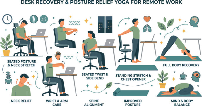 Vector infographic chart showcasing desk recovery exercises and posture relief yoga sequences for remote corporate workers and freelance office health marketing