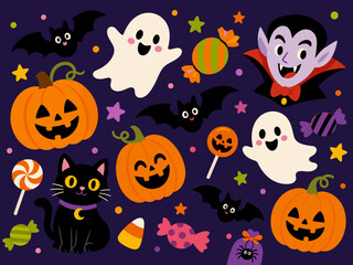 Fototapeta premium Cute Halloween characters and candy collection on a dark purple background