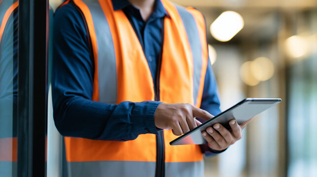 Faceless building inspector man using digital tablet checking safety and security system in building, Asian male worker reflective vest, building maintenance inspection, with copy