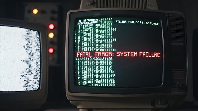 Retro Computer System Failure and Static Screen Display.