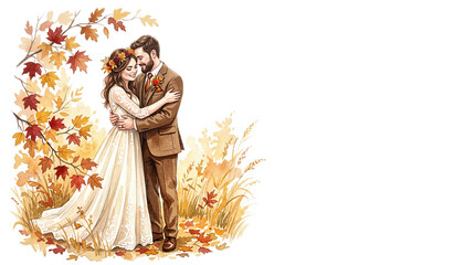 Obraz premium Newlywed couple embracing in autumn landscape with colorful leaves 