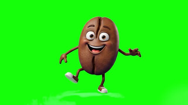 A cheerful 3D animated brown coffee bean mascot with a funny smiling face, big eyes, white sneakers, and cartoon limbs happily stepping and dancing on a solid green screen backdrop. Perfect for cafe a
