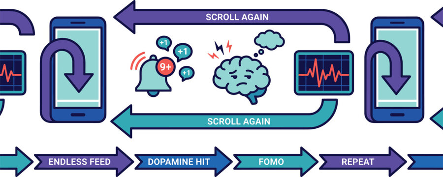 Vector infographic diagram illustrating the smartphone addiction loop of endless scroll dopamine hit fomo and repeat for digital wellness marketing