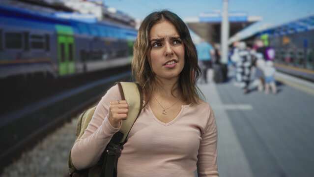 Woman holding backpack strap on train platform street with train nearby and puzzled expression; travel frustration.