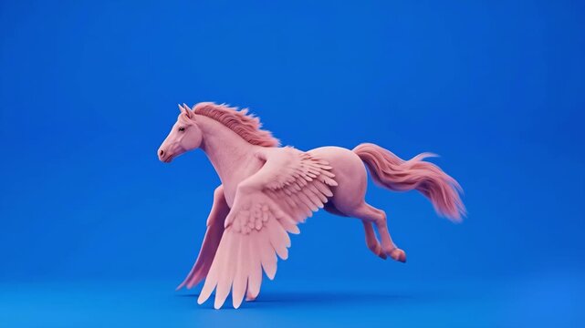 A stylized 3D render of a pink Pegasus winged mythical horse leaping or flying through the air against a solid blue studio backdrop. Ideal for fantasy storytelling, children's fairytale media, and cre