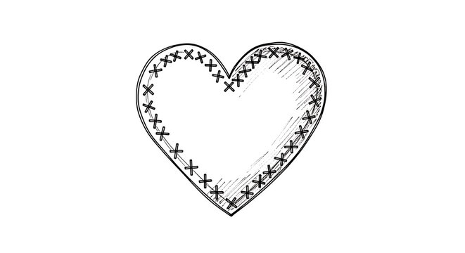 Minimalist cross-stitch outlined heart isolated on a transparent background, heart shape cross, stitch pattern