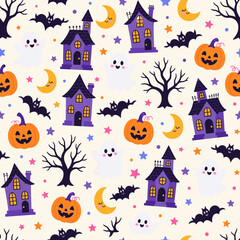 Fototapeta premium Cute Halloween pattern with ghosts, pumpkins, haunted houses, and bats