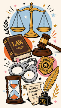 Symbolic illustration of justice, law, and order with scales, gavel, and handcuffs