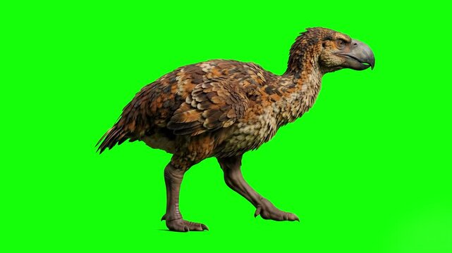 A brown phorusrhacid walks in a rhythmic cycle on a solid green background, making it easy to composite into different scenes for educational or entertainment content.