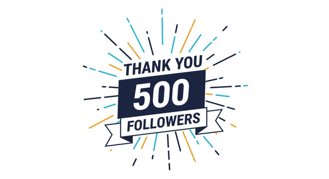Social media celebration banner for reaching 500 followers featuring a bright sunburst and a black ribbon banner.