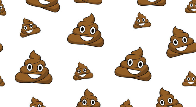 Playful seamless pattern of many smiling brown poop emojis with large eyes over a plain white background for fun designs.