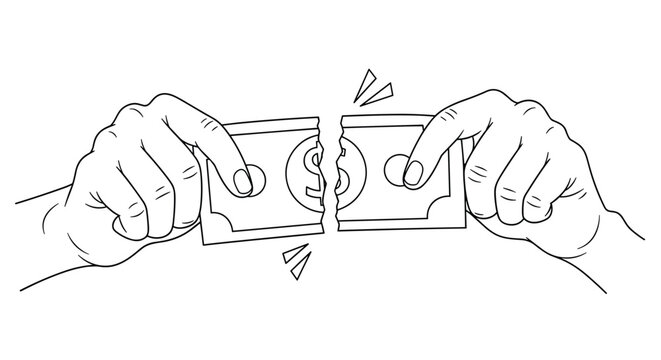 Line art illustration of two hands tearing a US dollar bill in half symbolizing financial loss or economic crisis.