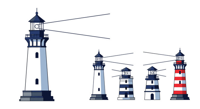 Various lighthouse designs with strong light beams guiding ships at sea shown in different sizes and color patterns.
