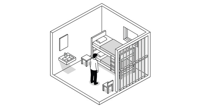 Isometric line art illustration of a lonely man standing inside a prison cell with bunk beds sink and barred window area.
