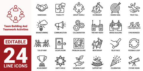 Fototapeta premium Team Building and Teamwork Activities Icon Set Featuring Handshake Group Huddle Ice Breaker Shared Goal Trust Fall Collaboration Bridge Building Mentorship and Feedback Loop