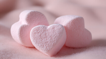 Fototapeta premium Soft Pink Heart Marshmallows on Gentle Fabric: A Sweet and Romantic Delight for Love, Valentine's Day, and Joyful Celebrations