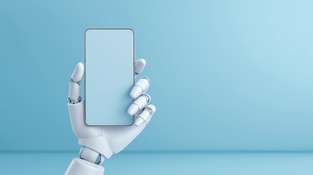 Artificial General Intelligence AI Agent and Superintelligence with Humanoid Robot Holding a Cell phone