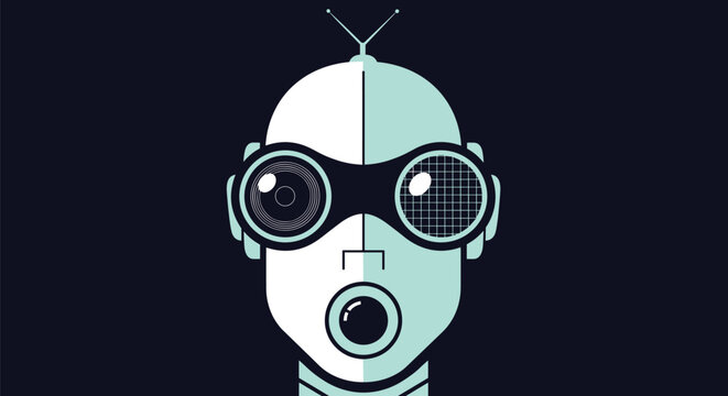Abstract futuristic robot face with circular goggles and glowing details for artificial intelligence and technology themes.