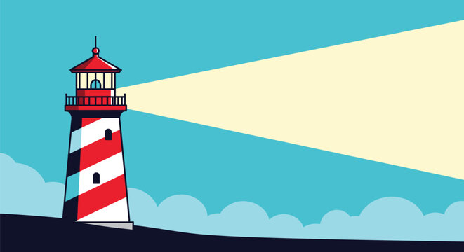 Tall red and white striped lighthouse standing on a hill and shining a bright light beam across a cloudy blue sky at dusk.