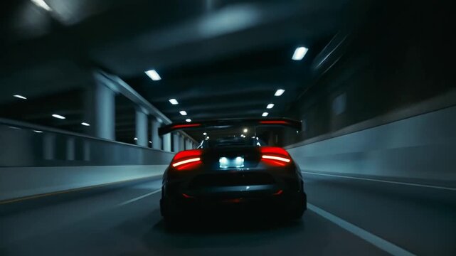 Tracking shot of sports car rear view speeding through illuminated highway tunnel at night with motion blur