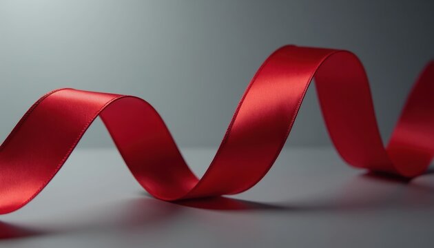 Red satin ribbon curves elegantly across neutral grey background. Smooth texture catches light, suggesting luxury, gifts, special occasions. Material flows in gentle wave, adding visual interest.